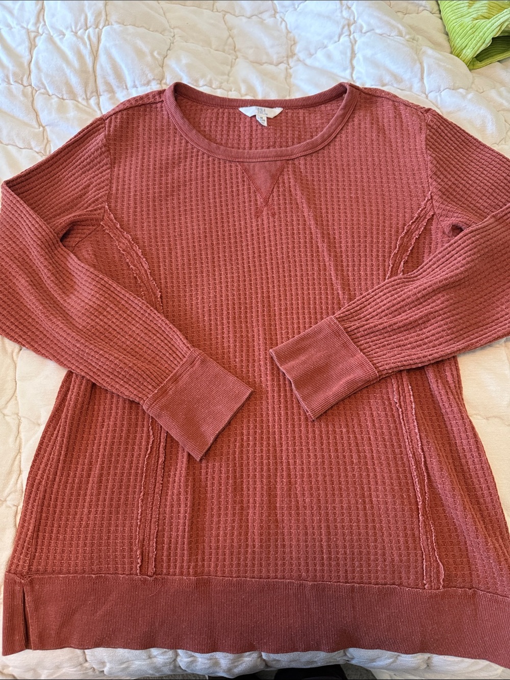 Waffle-Knit Long Sleeve Sweater - Rust